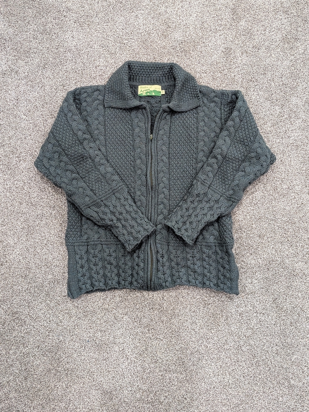 Shades of Aran Zip Sweater Merino Wool CableKnit Fisherman Cardigan Medium Green